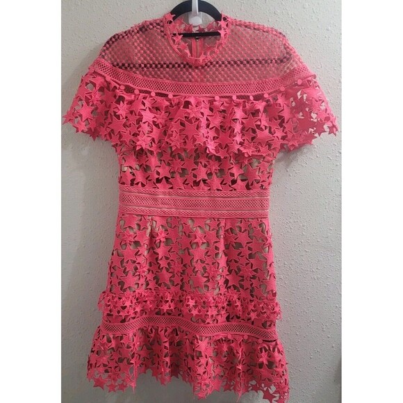 Self-Portrait Star-Guipure Yoke Frill Mini Cocktail Dress Pink Sz US 8 UK 12